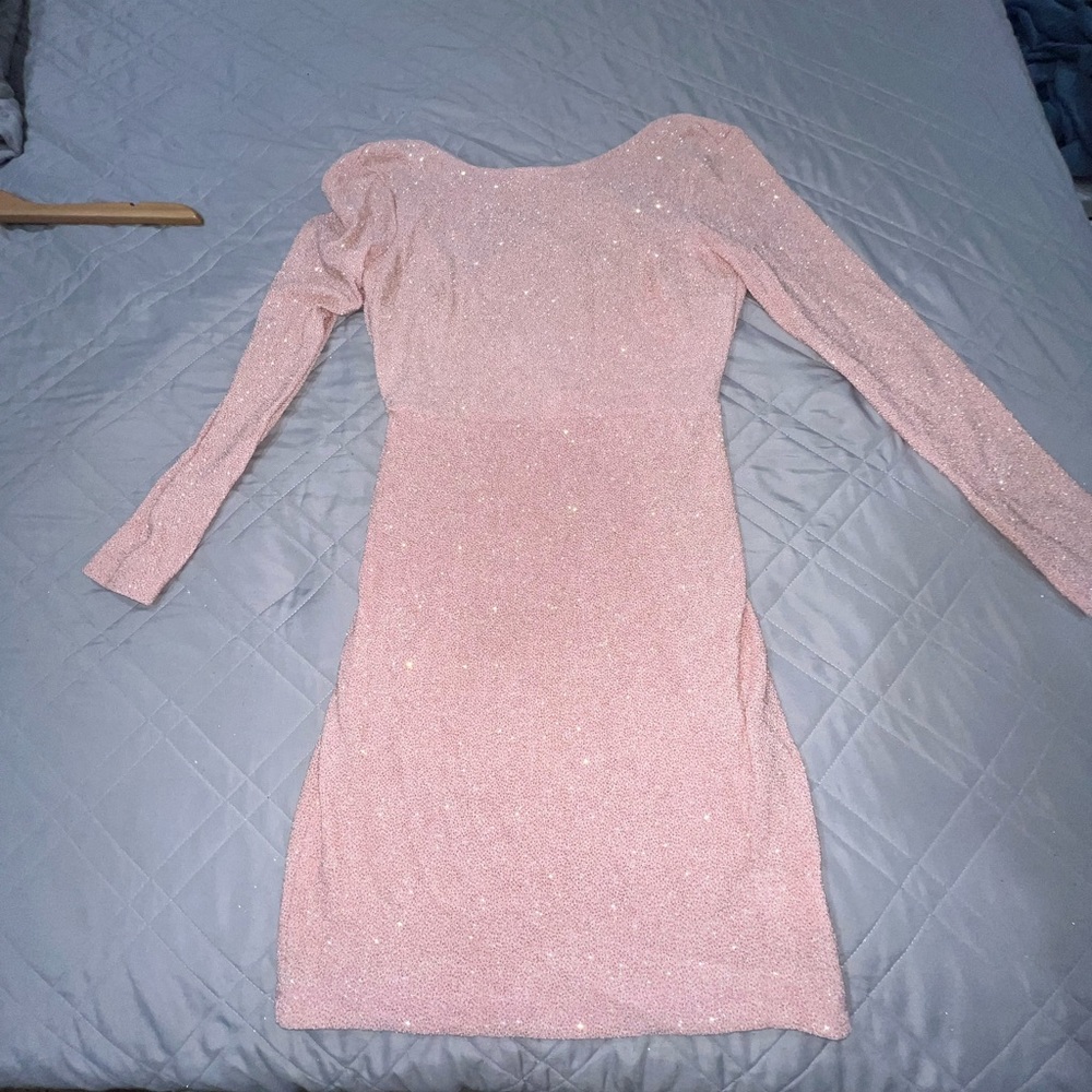 Light Pink Glitter Crisscross Back Long Sleeve Dress
